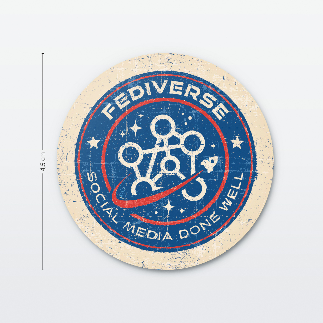 Vintage-Aufkleber Fediverse 4,5 cm mit Bemaßung