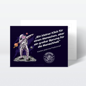 Aufkleber und Postkarte: Fediverse – Ein kleiner Klick für einen Menschen …