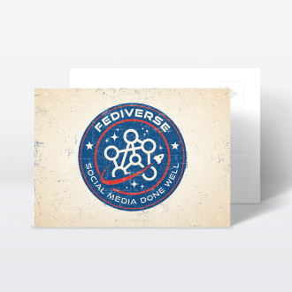 Aufkleber und Postkarte: Fediverse – Done well – Vintage